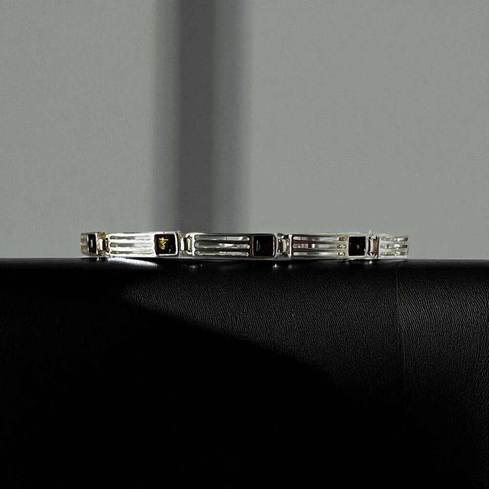 Baltic Amber & Sterling Silver 925 Bracelet With Rectangular Link Design - Picture 7 of 13